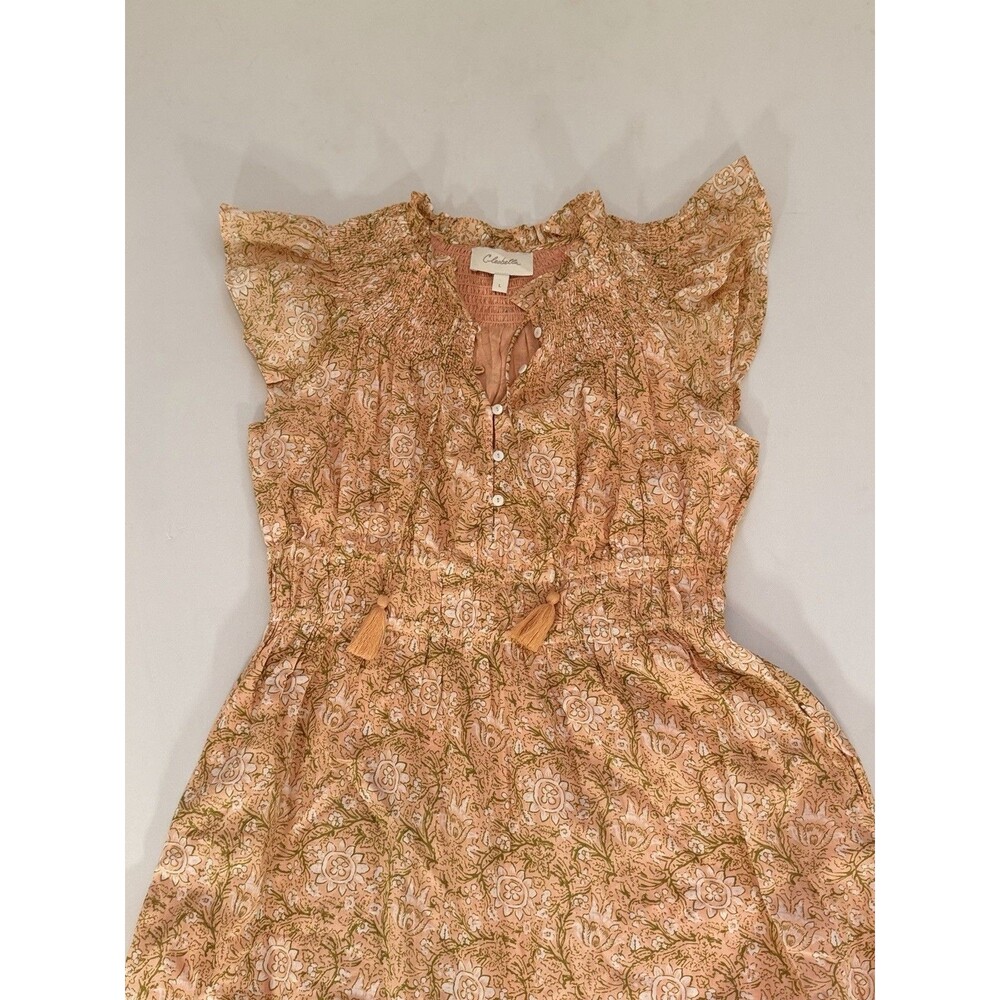 Cleobella Organic Cotton Peach Floral Smocked Midi Dress- Large - Picture 2 of 16